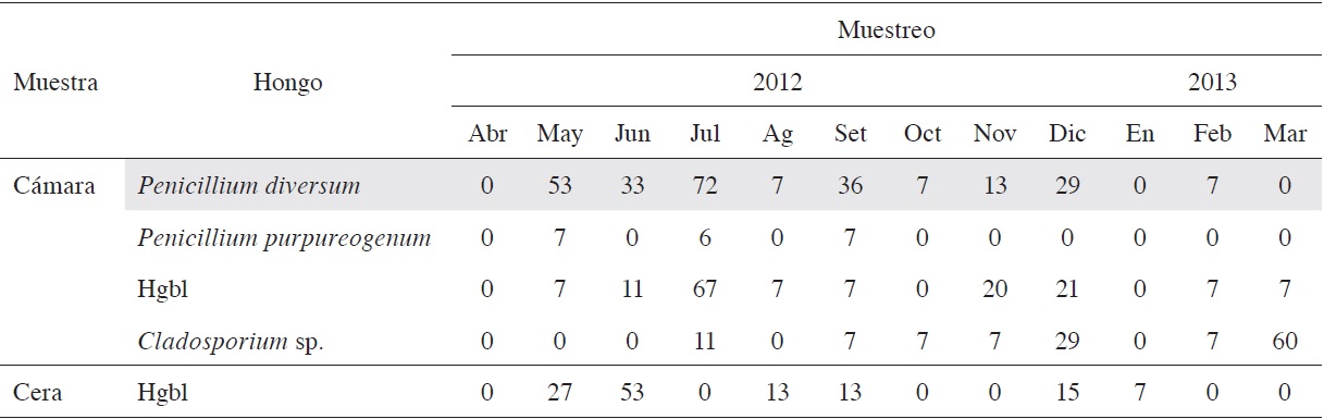 Frecuencia mensual de los principales hongos recuperados en c&aacute;maras de enfriamiento y muestras de cera de la empacadora de Puntarenas.