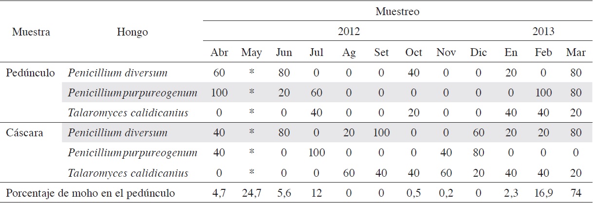 Frecuencia mensual de los principales hongos recuperados en el ped&uacute;nculo y la c&aacute;scara de frutos de pi&ntilde;a de la empacadora de Sarapiqu&iacute;.