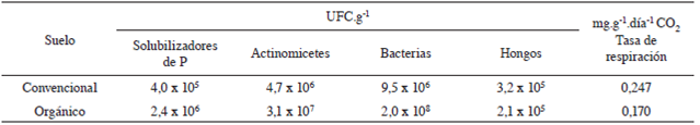 Características microbiológicas del suelo de la zona de Zarcero con 2 manejos de producción, convencional y orgánico.