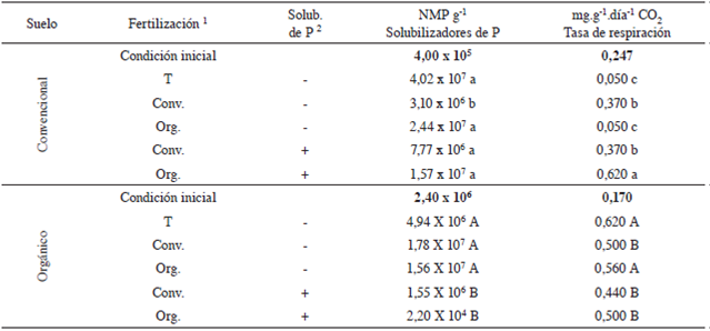 Características microbiológicas de un suelo con sistemas de fertilización convencional y orgánica establecidos en potes en invernadero después de 3 meses con el cultivo de papa.