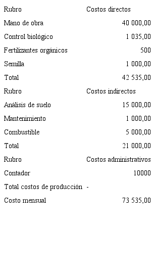 Costos directos, indirectos, administrativos del culantro org&aacute;nico en colones.