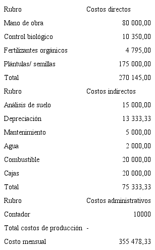 Costos directos, indirectos, administrativos de papa org&aacute;nica en colones. 