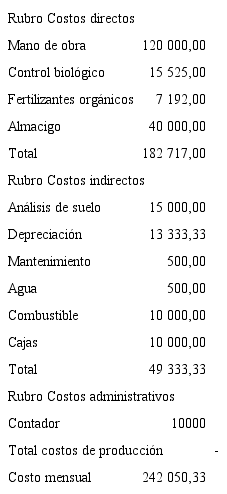 Costos directos, indirectos, administrativos de br&oacute;coli org&aacute;nica en colones. 