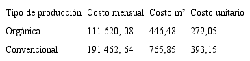 Costo mensual por metro cuadrado y costo unitario seg&uacute;n tipo de producci&oacute;n para zanahoria en colones, 2019.