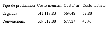 Costo mensual, por metro cuadrado y costo unitario seg&uacute;n tipo de producci&oacute;n para Lechuga en colones, 2019.