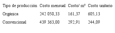Costo mensual, por metro cuadrado y costo unitario seg&uacute;n tipo de producci&oacute;n para Br&oacute;coli en colones, 2019.