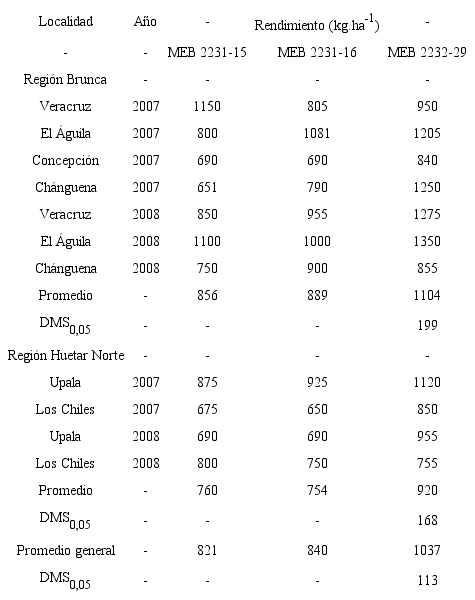 Rendimiento de Sur&uacute; (MEB 2232-29) durante la etapa de validaci&oacute;n en las regiones Brunca y Huetar Norte. Costa Rica, 2007-2008.