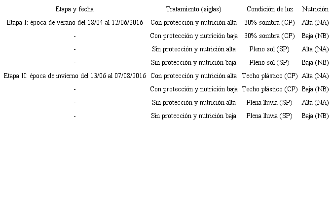 Descripci&oacute;n de tratamientos utilizados en el experimento, para la protecci&oacute;n del cultivo de culantro coyote hidrop&oacute;nico durante la etapa I en &eacute;poca seca con sar&aacute;n rojo y etapa II en &eacute;poca lluviosa con techo pl&aacute;stico.