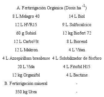Insumos usados para el manejo de la fertirrigaci&oacute;n org&aacute;nico-mineral.