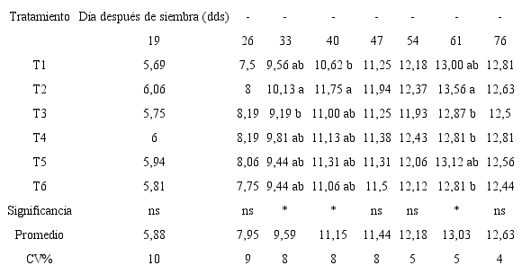 Efecto de 3 tipos de enmiendas y sus combinaciones en el n&uacute;mero de hojas de plantas de ma&iacute;z . (Hibrido Pioneer 30F35) para ensilaje durante su crecimiento, con un programa de fertilizaci&oacute;n org&aacute;nica mineral.