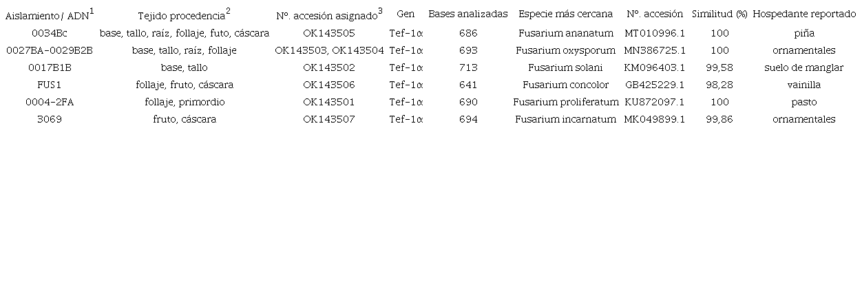 Aislamientos secuenciados y comparados en NCBI y a los cuales se les asign&oacute; un n&uacute;mero de accesi&oacute;n como especies ligadas a pi&ntilde;a en Costa Rica. Costa Rica 2015-2019.