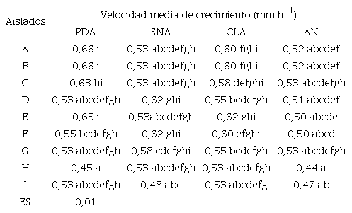 Variabilidad de la velocidad media de crecimiento de los aislados de Fusariumspp. provenientes de N. tabacum.