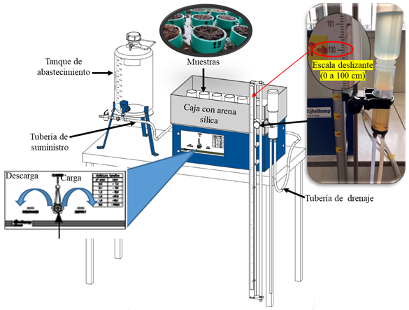 Equipo de &ldquo;caja de arena&rdquo; s&iacute;lica, con una columna de agua ajustable (0-100 cm) que permite someter muestras de sustrato a diferentes succiones (ψm).