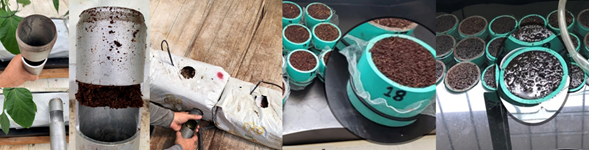 Equipo de muestreo (a), toma de muestra (b), colocaci&oacute;n de la muestra en el cilindro (c) y saturaci&oacute;n de la muestra (d).