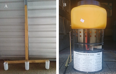 Herramienta de madera (A) y dispensador de granulados (sembradora) (B) utilizados para la siembra de C. spectabilis como cobertura en plantación de café. Orosi, Costa Rica. 2017.