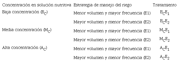 Tratamientos combinados de 3 niveles de concentración de nutrientes en solución nutritiva con 2 estrategias de manejo del riego en el cultivo de chile dulce en fibra de coco bajo invernadero.