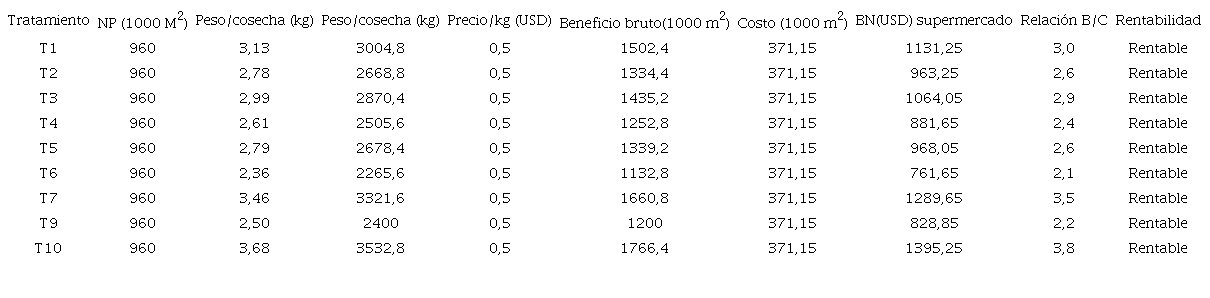 An&aacute;lisis del B/C para los injertos de sand&iacute;a en un &aacute;rea de 1000 m2, cuyo producto fue comercializado en supermercado.