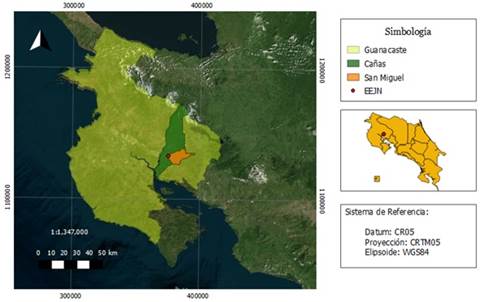 Ubicación del sitio de estudio en la Estación Experimental Enrique Jiménez Núñez (EEJN), en Cañas, Guanacaste.
