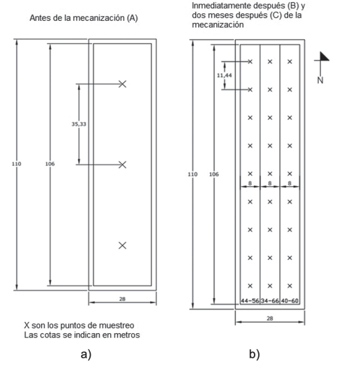 Esquema del diseño experimental y distribución de los puntos de muestreo: a) antes de la mecanización (A), b) después de la mecanización (B, C).