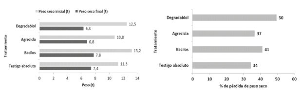 Cambios en el peso seco de los tratamientos de compostaje (izquierda) y % de disminuci&oacute;n del peso seco (derecha) al cabo de 16 semanas de proceso de compostaje a campo abierto.