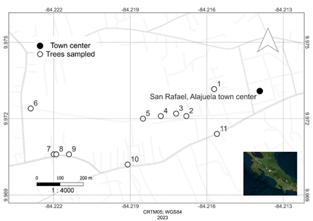 Location of the trees sampled in San Rafael town in the city of Alajuela, Costa Rica, 2022.