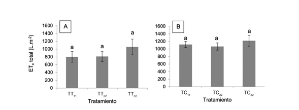 Valores promedio de evapotranspiraci&oacute;n del cultivo (ETc) de (A) tomate (TT) y (B) chile dulce (TC) sometidos a 3 tratamientos de agotamiento h&iacute;drico de 11% (TT11, TC11), 22% (TT22, TC22) y 32% (TT32, TC32) del contenido de humedad volum&eacute;trica en el sustrato. Letras diferentes en la misma columna indican diferencias significativas entre tratamientos (p˂0,05).