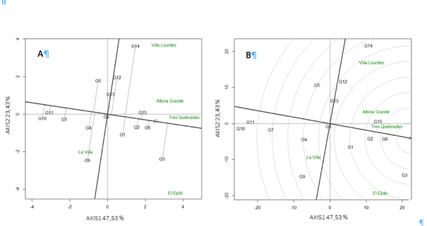 An&aacute;lisis biplot de la media frente a estabilidad (A) y biplot de clasificaci&oacute;n de 15 genotipos de tomate (B) en funci&oacute;n al rendimiento en 5 ambientes de la provincia de Los Santos, Panam&aacute;.