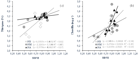 Regresi&oacute;n entre los &iacute;ndices de vegetaci&oacute;n de diferencia normalizada (NDVI) y los contenidos de nitr&oacute;geno (a) y de clorofila (b) en hoja de plantas de chile dulce hidrop&oacute;nico bajo invernadero, con tratamientos de baja (&loz; NB), media (● NM) y alta (▲ NA) concentraci&oacute;n de nutrientes en soluci&oacute;n nutritiva. Alajuela, Costa Rica, 2019.