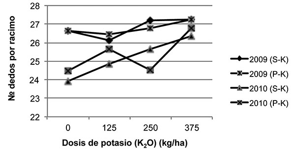Comportamiento de número de dedos por racimo de plátano Ensayos azufrepotasio y fósforopotasio La Fortuna San Carlos Costa Rica Octubre del 2010