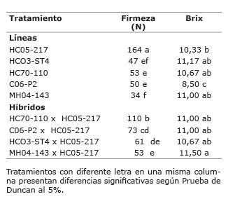 Firmeza y grados Brix en fruta de l&iacute;neas de papaya y sus respectivos h&iacute;bridos con la l&iacute;nea HC05217 Gu&aacute;piles Lim&oacute;n Costa Rica 2011
