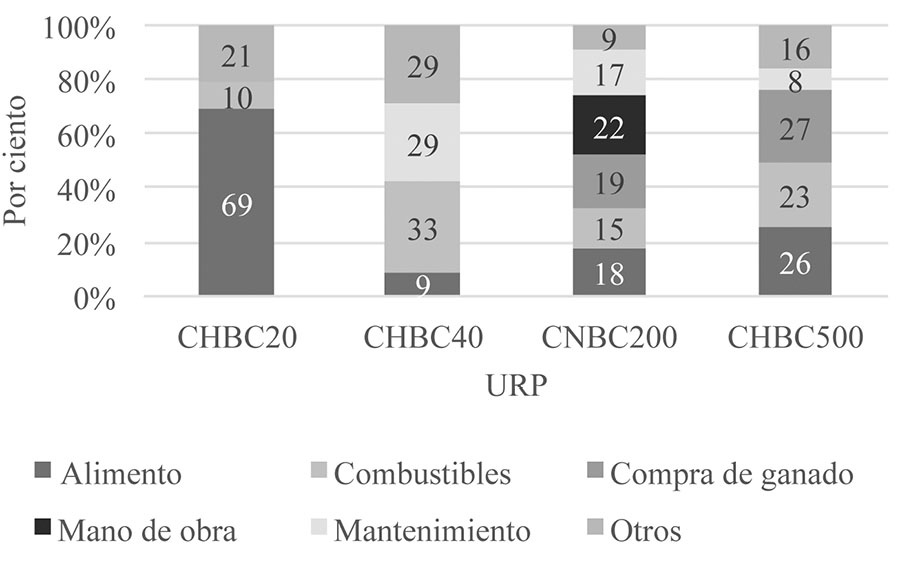 Integración del costo porcentual de producción, en Unidades Representativas de Producción (URP), de 20, 40, 300 y 500 bovinos de carne. Chihuahua (CH) y Nuevo Casas Grandes (CN), México. 2011.