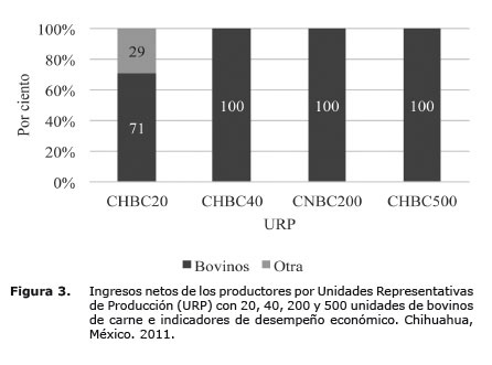 Ingresos netos de los productores por Unidades Representativas de Producción URP con 20 40 200 y 500 unidades de bovinos de carne e indicadores de desempeño económico Chihuahua México 2011