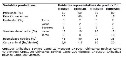 Características de eficiencia técnica de las Unidades Representativas de Producción (URP) con 20, 40, 200 y 500 unidades de bovinos de carne en cuatro regiones de Chihuahua, México. 2011.