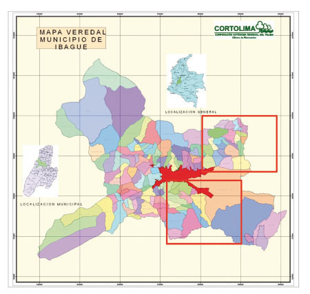 Figura 1.  	Mapa del municipio de Ibagué (Colombia) donde se resaltan los corregimientos donde se tipificaron los sistemas de producción en la zona rural. Fuente: Alcaldía de Ibagué (2010).