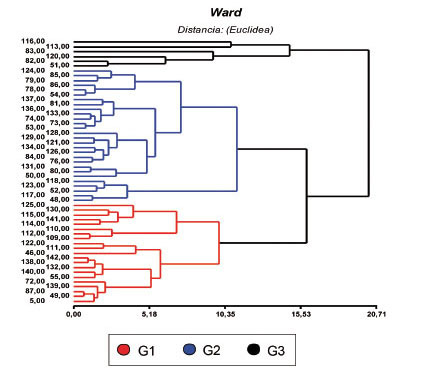 Dendograma del análisis de conglomerados, según la técnica de Ward, para 63 fincas de cinco corregimientos de Ibagué, Colombia. 2013. 
			G1: grupo 1; G2: grupo 2; G3: Grupo 3.