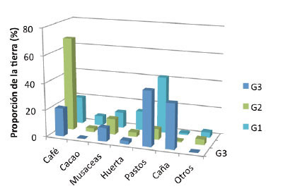 Usos del suelo en diferentes tipos de fincas en la zona rural de Ibagué, Colombia, 2013.  
			G1: grupo 1; G2: grupo 2; G3: Grupo 3.