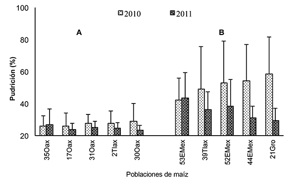 Promedios de pudrición de mazorca de poblaciones nativas de maíz representativas de resistencia (A) y susceptibilidad (B), en tres localidades: Montecillo y Ayapango, Edo. de México y Huamelulpan, Oaxaca. 2010 y 2011.