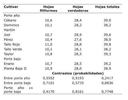 Emisión foliar de nueve cultivares de plátano del tipo Falso Cuerno (Musa AAB) de porte alto y de porte bajo. Estudio I. Matina, Limón, Costa Rica. 2000-2001.