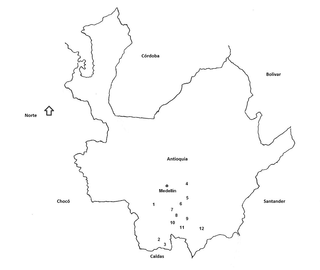  Mapa del departamento de Antioquia (Colombia), periodo 2009 a 2011, con los municipios en los que se muestrearon los cultivares de aguacate. 1 = Angelópolis, 2= Valparaíso, 3 = Caramanta, 4= San Vicente, 5= Marinilla, 6 = Río Negro, 7 = El Retiro, 8 = La Ceja, 9 = Carmen de Viboral, 10 = Santa Bárbara, 11 Abejorral, 12 = Sonsón.