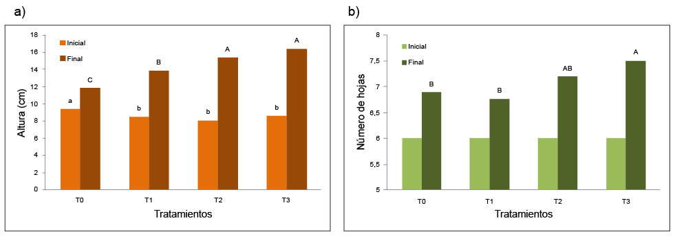 Efecto de los tratamientos sobre la altura (a) y n�meros de hojas (b) sobre las pl�ntulas de banano (Musa AAA cv Pineo Gigante, subgrupo Cavendish). Palo Negro, Estado Aragua, Venezuela. A�o 2019