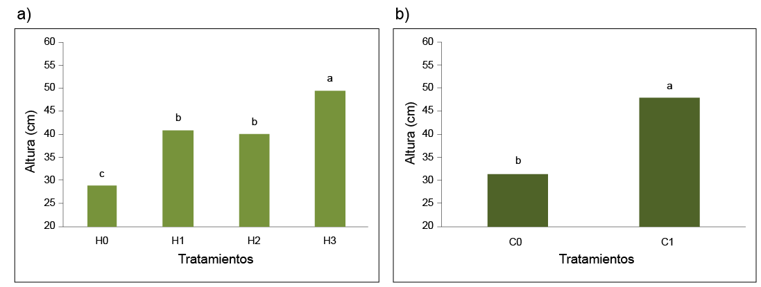 Efecto de los productos l�quidos utilizados para inmersi�n (a) y los sustratos utilizados en los canteros de siembra (b) sobre la altura de las pl�ntulas de (Musa AAB cv. Hart�n Gigante,  subgrupo pl�tano) de acuerdo a los tratamientos. Maracay, estado Aragua, Venezuela, a�o 2019.