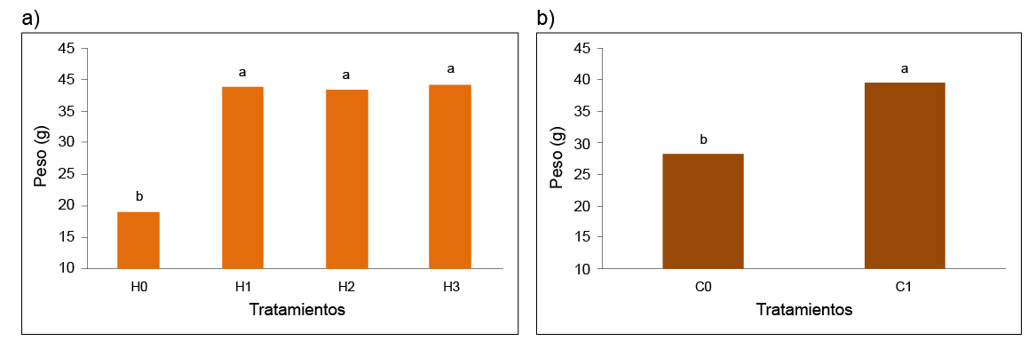 Efecto promedio de los tratamientos de inmersi�n (a) y siembra en sustrato de Trichoderma sp. (b) sobre el peso de las ra�ces de las pl�ntulas de pl�tano (Musa AAB cv. Hart�n Gigante, subgrupo Plantain). Maracay, Estado Aragua, Venezuela. A�o 2019.