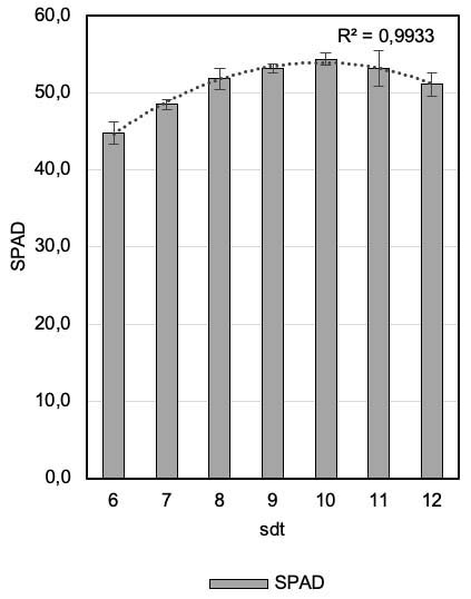 Valores de �ndice de clorofila (unidades SPAD) en plantas de Cannabis sativa cultivar CS-0001, entre seis y doce semanas despu�s de trasplante (sdt). Corporaci�n Colombiana de Investigaci�n Agropecuaria (AGROSAVIA). Antioquia, Colombia. 2020.