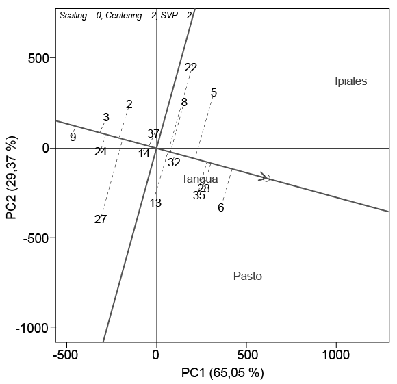 Modelo GGE-biplot basado en el rendimiento medio de grano seco y estabilidad de quince genotipos de arveja (Pisum sativum L.) evaluados en tres ambientes. Nariño, Colombia. 2013-2014.