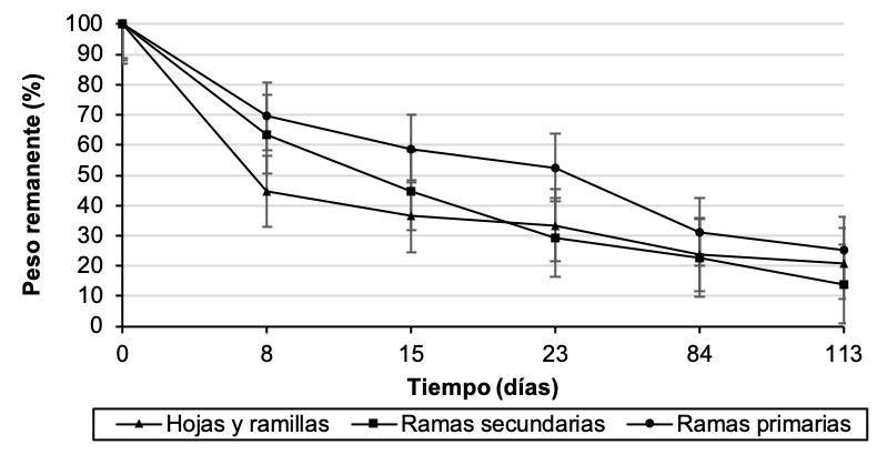 Porcentaje de peso remanente durante la descomposici�n de material vegetal de cacao (Theobroma cacao L.) (hojas y ramillas, ramas primarias y ramas secundarias) en cinco periodos de evaluaci�n, finca cacaotera, Rionegro, Santander, Colombia, 2012.