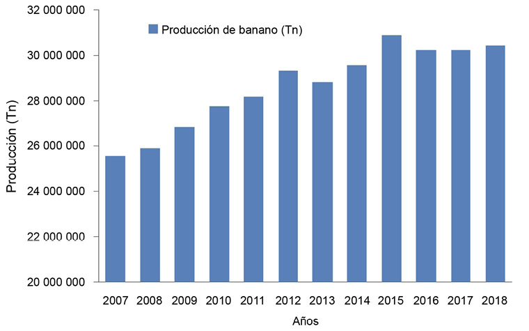 Produccin de banano en Latinoamrica y Caribe entre los aos 2007 y 2018. Fuente: FAO (2020b).