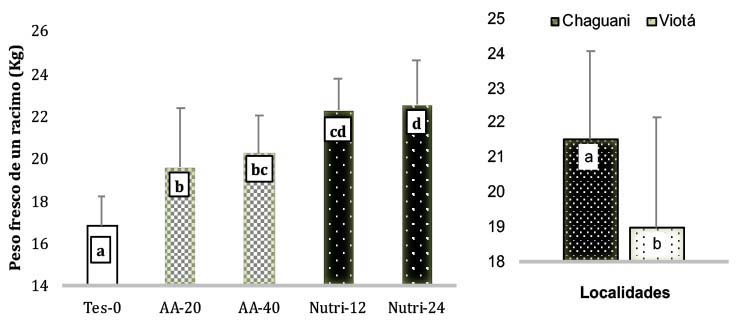Peso del racimo de plantas de pl�tano Musa AAB inyectadas en el seudotallo con dos soluciones Nutri y AA y no inyectadas izquierda y dos localidades derecha en Viot� y Chaguan� Cundinamarca Colombia 2018