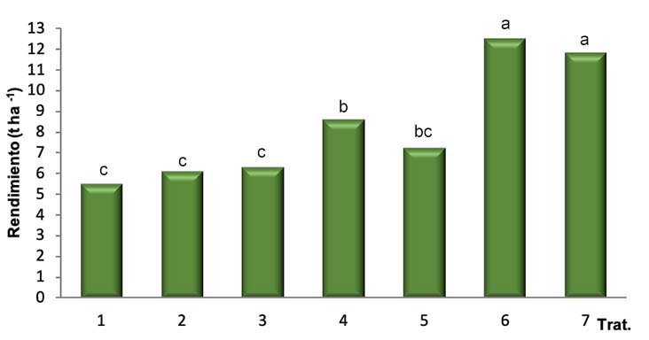 Rendimiento del cultivo del maz (Zea mays L.) (t ha-1) bajo siete tratamientos de Quitomax con diferentes concentraciones y formas de aplicacin. Instituto Nacional de Ciencias Agrcolas (INCA), San Jos de las Lajas, Cuba, 2018-2019.