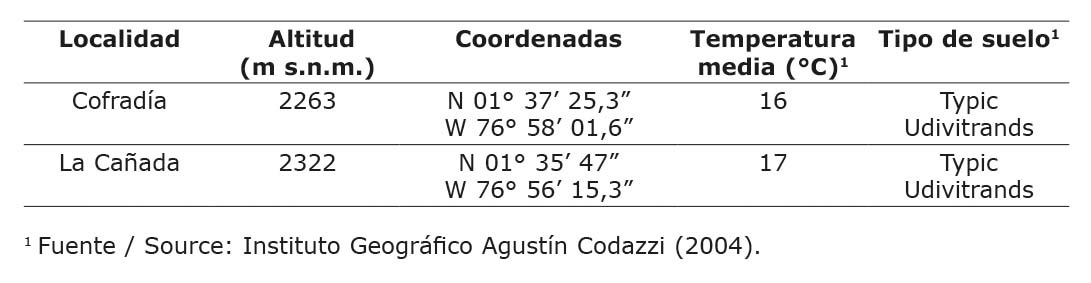 Ubicaci�n de los sitios experimentales para evaluar el efecto de la fertilizaci�n y densidad de siembra sobre el rendimiento de achira (Canna edulis, Ker) en la Cruz, Nari�o, Corporaci�n Colombiana de Investigaci�n Agropecuaria (AGROSAVIA), Centro de Investigaci�n Obonuco, Colombia. 2016-2017.