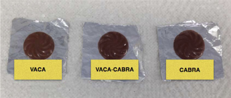 Imagen ilustrativa de una muestra de los tres chocolates elaborados con distintas proporciones de leche: 100 % leche de vaca, 50 % leche de vaca con 50 % leche de cabra y 100 % leche de cabra. Escuela de Tecnolog�a de Alimentos (ETA) de la Universidad de Costa Rica, San Jos�, Costa Rica. 2016.